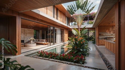 Courtyard garden integrates a central pond and exotic plants within a luxurious open plan residential structure.
