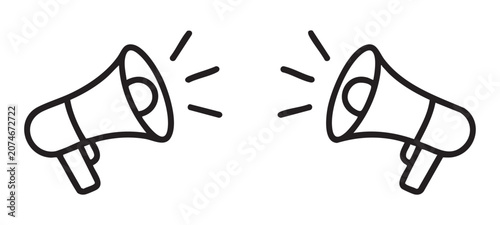 Bild auf Leinwand Two opposing megaphone icons with sound waves, symbolizing debate or discussion