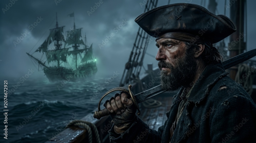 Fototapeta premium Pirate captain holding a sword on a ship deck amidst dense fog with a distant brig appearing in the background of the stormy sea