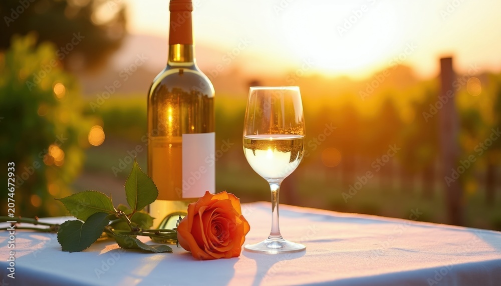 Fototapeta premium Bottle of white wine and glass with orange rose sit on table at vineyard during golden hour sunset. Romantic evening meal setup, scenic view.