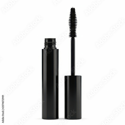Black mascara tube with an open applicator wand for applying makeup to eyelashes for a beautiful and bold eye look