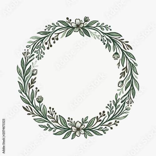 Hand Drawn Floral Wreath with Leaves and Flowers.