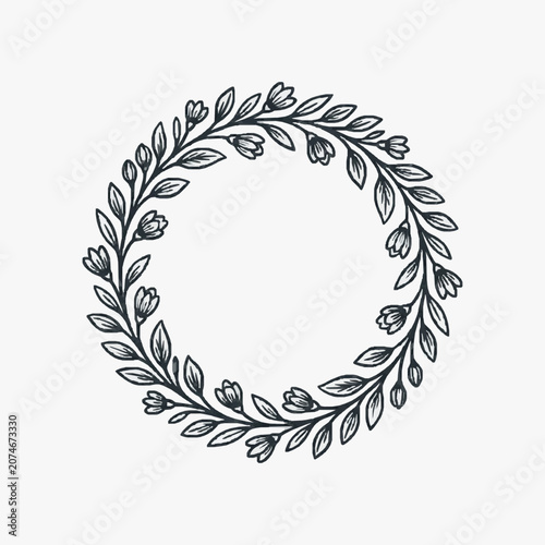 Hand Drawn Floral Wreath with Small Buds and Leaves.