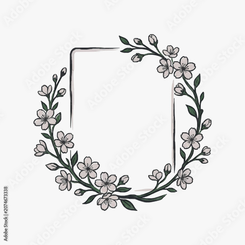 Hand Drawn Floral Wreath with Rectangle Frame for Text.