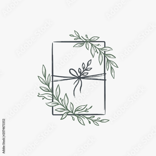 Hand Drawn Gift Box with Floral Wreath Illustration.