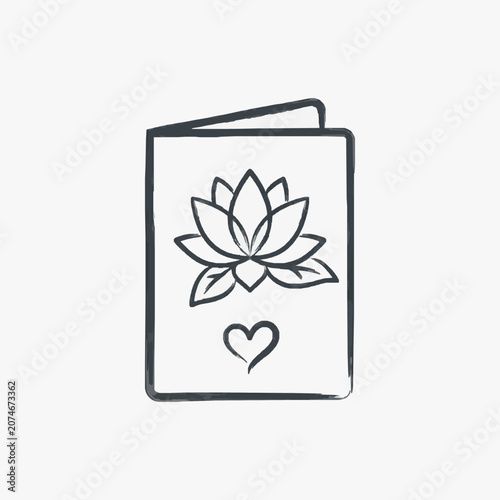Hand drawn greeting card with lotus flower and heart symbol.