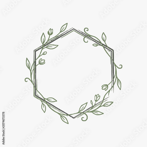 Hand Drawn Hexagonal Floral Wreath Frame with Leaves and Buds.