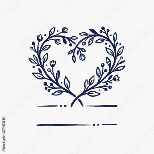 Hand drawn heart shaped floral wreath with leaves and flowers.
