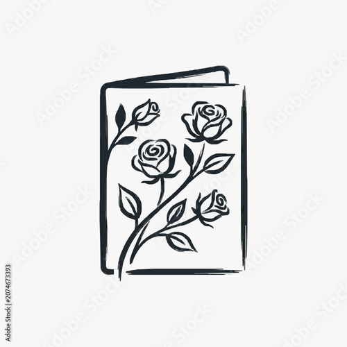 Hand drawn illustration of a book with roses blooming on its cover.