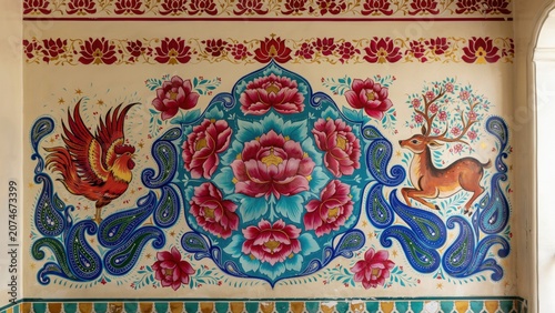 Wall painting displays a colorful scene with a stylized phoenix and a deer surrounded by large pink peony blossoms.