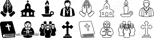Christian faith icons showing praying hands, church, candle, priest, bible, choir, and cross