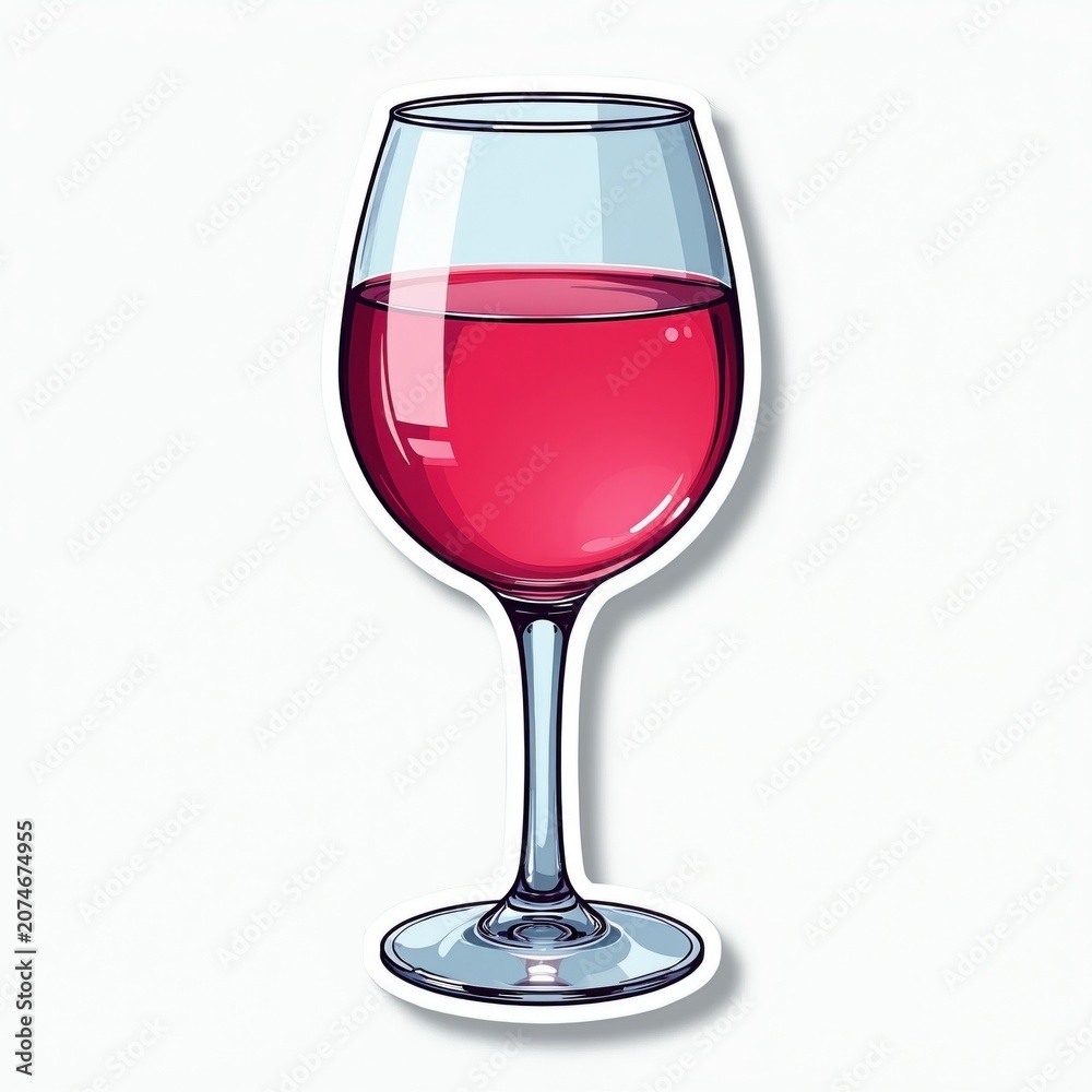 Fototapeta premium Glass filled with pink wine on white background. Sticker art shows red beverage in transparent wine glass. Minimalist design element for drink, celebration, or alcohol concepts.