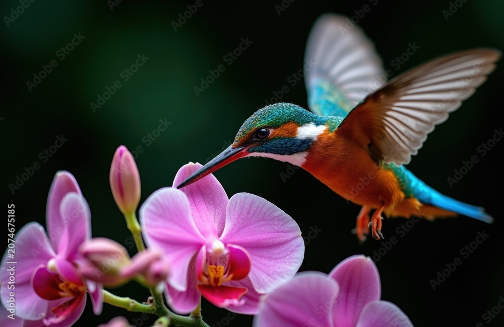Naklejka premium Close up action shot of colorful kingfisher bird hovering near vibrant pink orchid flower. Tiny avian probes blossom with long beak seeking nectar for food in natural garden setting during daytime.