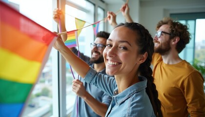 Diverse colleagues hang rainbow flags in office. Team celebrates LGBTQ pride month with joy and teamwork. Inclusion and equality are visible in their happy collaboration.