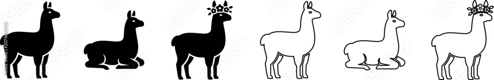 Fototapeta premium Llama silhouette and outline icons with standing, lying positions and floral crown