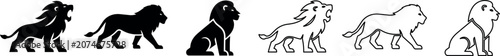 Silhouettes and outlines of a lion in standing and sitting poses