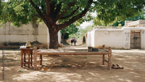 Cottage bed sits on a dirt path under a lush tree with a small side table and a distant animal in the scenery.