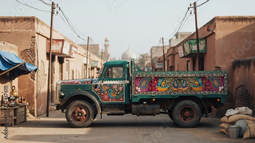 Truck decorated with vibrant traditional folk art patterns sits parked on a dusty street in a busy market town.