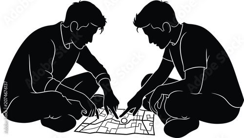 Two men studying map silhouette vector illustration