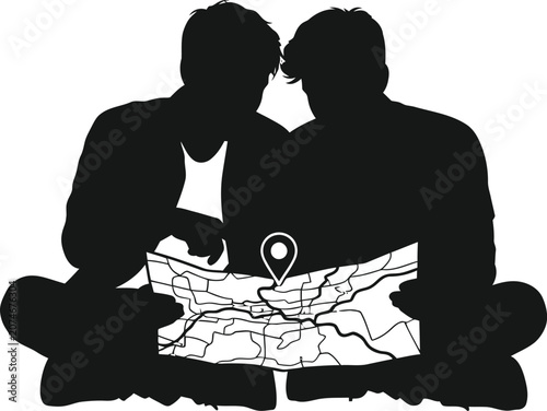 Couple planning travel with map silhouette illustration