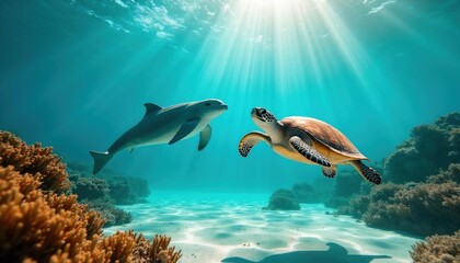 Dolphin swims with sea turtle underwater. Sunlight beams through clear blue ocean water. Coral reef marine life, exotic aquatic animals swim together in sea.