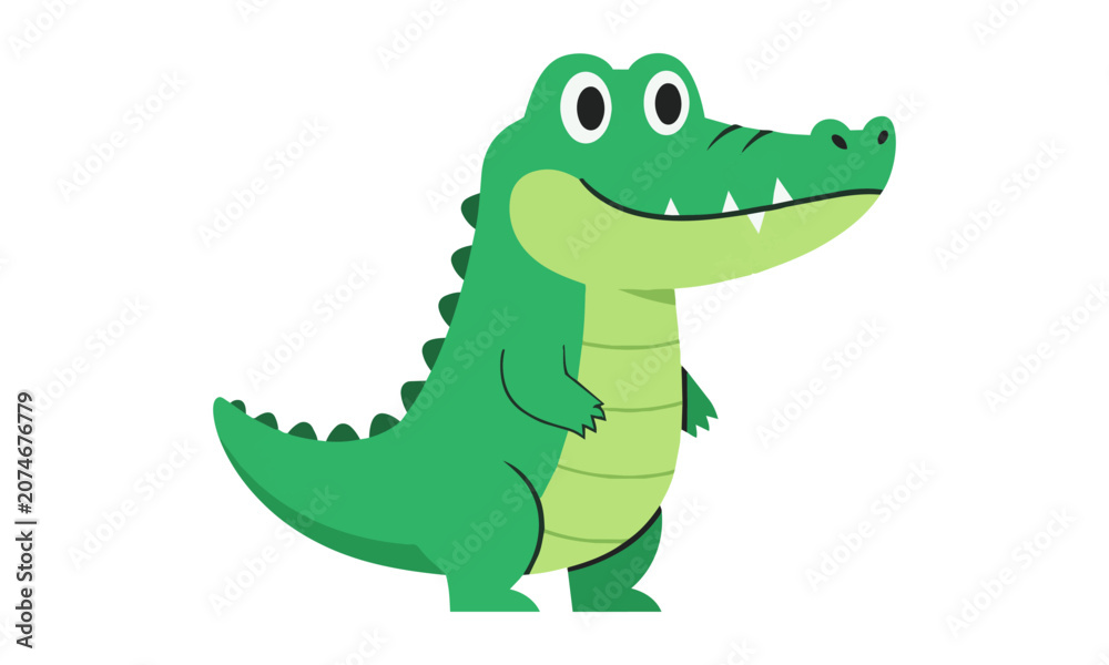 Fototapeta premium Friendly cartoon alligator character standing in a side profile with a cheerful expression and bold green flat design elements, animal mascot character concept