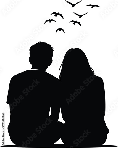 Couple watching birds silhouette minimalist vector illustration