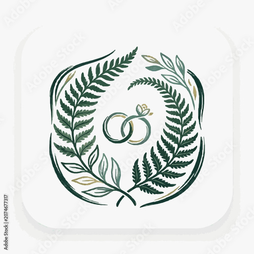 Intertwined wedding rings with a diamond set in a wreath of green fern leaves.