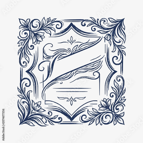Intricate black and white floral and leaf pattern design.