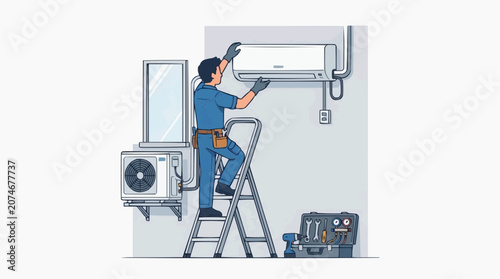 Flat cartoon male HVAC technician standing on tall stepladder installing white wall mounted split air conditioner indoor unit with outdoor condenser unit below on white background vector
