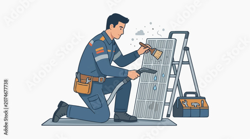 Flat cartoon male technician in gray uniform standing on stepladder using screwdriver to install or repair blue solar panel with tool belt and debris on white background vector
