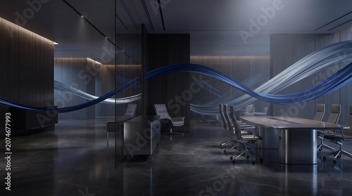 Modern office conference room with futuristic blue wavy lines flowing through the space, suggesting advanced technology and innovation