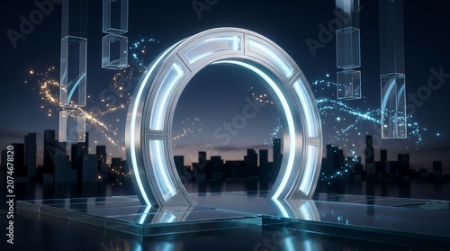 Futuristic digital portal illuminating a stylized urban skyline with abstract glowing energy streams, symbolizing advanced technological progress and interconnectedness