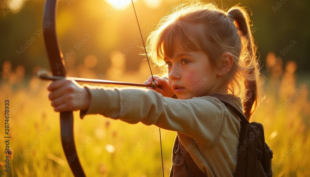 Fototapeta premium Young girl aims bow and arrow in golden hour field. Child plays archer with wooden bow outdoors. Girl focuses on target in sunny grass meadow. Sporty childhood adventure.