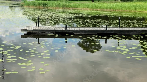Beautiful view of wooden pier among water lilies with reflections on calm lake surface. Sweden.