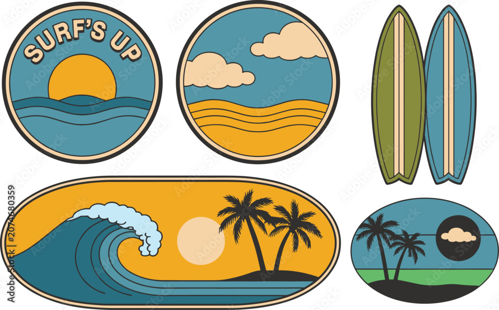 Obraz premium Retro Surf Beach Sunset and Surfboard Graphics, surf, surfing, beach, ocean, wave, sunset, sunrise, palm trees, surfboards, retro
