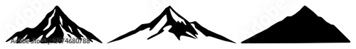 Solid black icon, white background: mountain peak icon set with simple line art design featuring line art, illustrations, graphic resources with vector and design elements