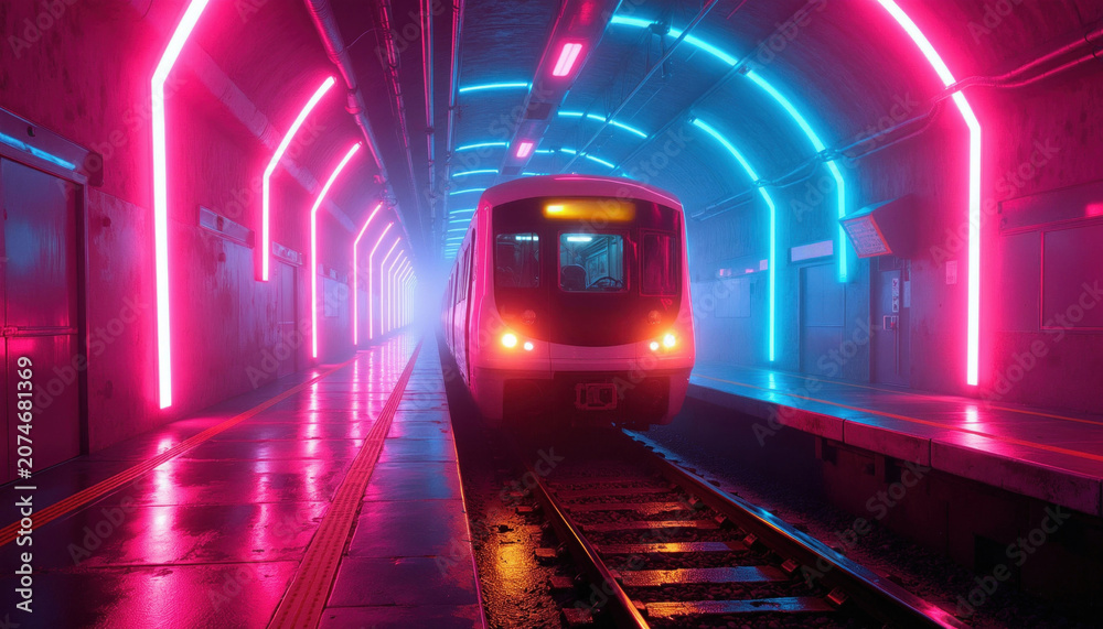 Fototapeta premium Train waits on platform in subway tunnel. Neon lights glow pink and blue. Futuristic metro station with wet floor reflects bright colors. Commute in the city.