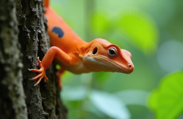 Bright orange lizard with dark spots climbs textured tree bark. Small reptile with detailed scales rests on branch against blurred green foliage background. Wild animal camouflage in habitat.