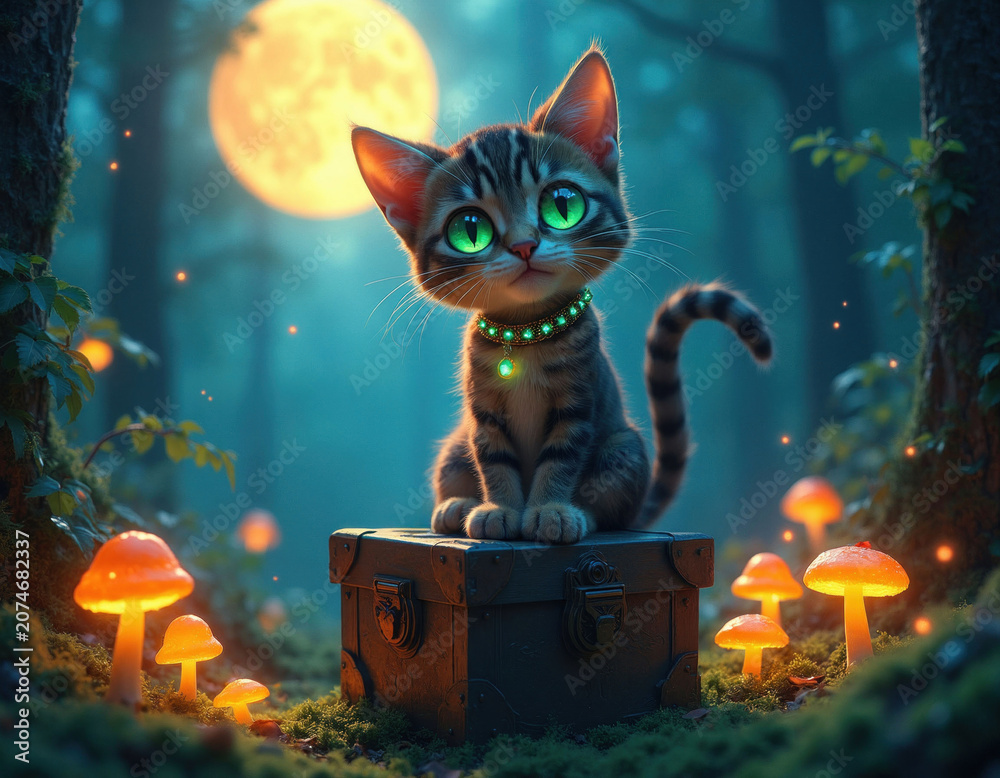 Obraz premium Cute tabby kitten sits on old chest in magical forest at night. Glowing mushrooms and full moon create whimsical atmosphere. Cat wears jeweled collar. This fantasy scene.