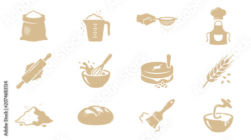 Obraz na płótnie Beige kitchen utensils and bread dough preparation icons