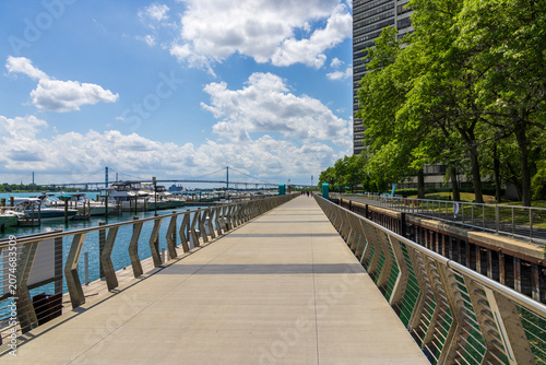 A gorgeous landscape along the Detroit River on the riverwalk in Detroit Michigan USA