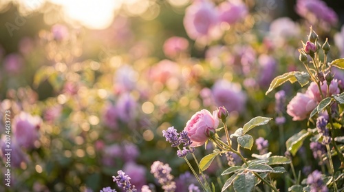 Blooming Peonies in Garden at Sunset