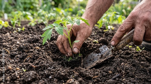 Planting green sapling in soil with trowel