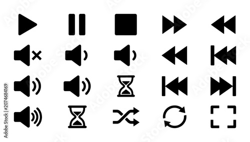 Cuadro en lienzo Minimalist media player icons set, black vector playback buttons for video and a