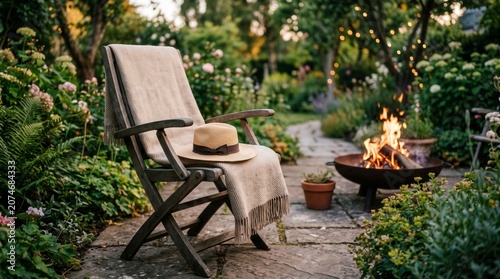 Relaxed outdoor seating by fire pit in garden
