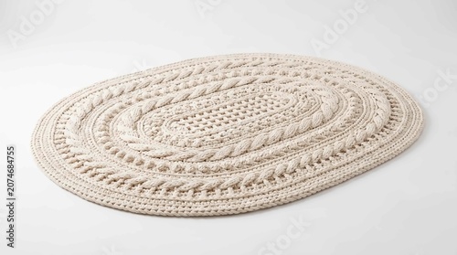 Oval shaped handmade beige crochet rug featuring intricate cable knit patterns on a clean white background