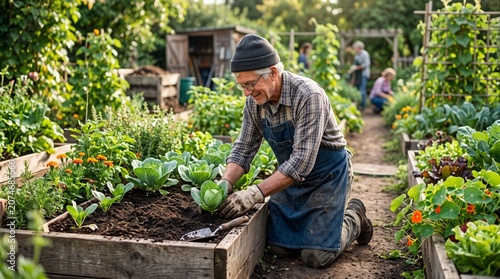 Man gardening in raised beds, planting lettuce