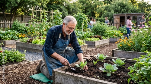 Man gardening in raised bed, planting lettuce