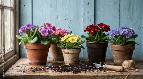 Colorful Potted Flowers on Wooden Table by Window